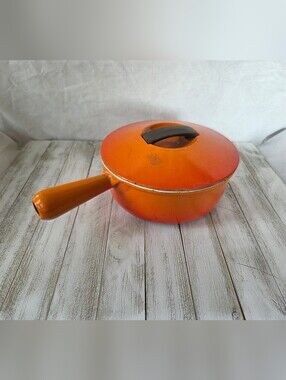 Vintage French Cousances No 20 Enamel Cast Iron Sauce Pan Orange